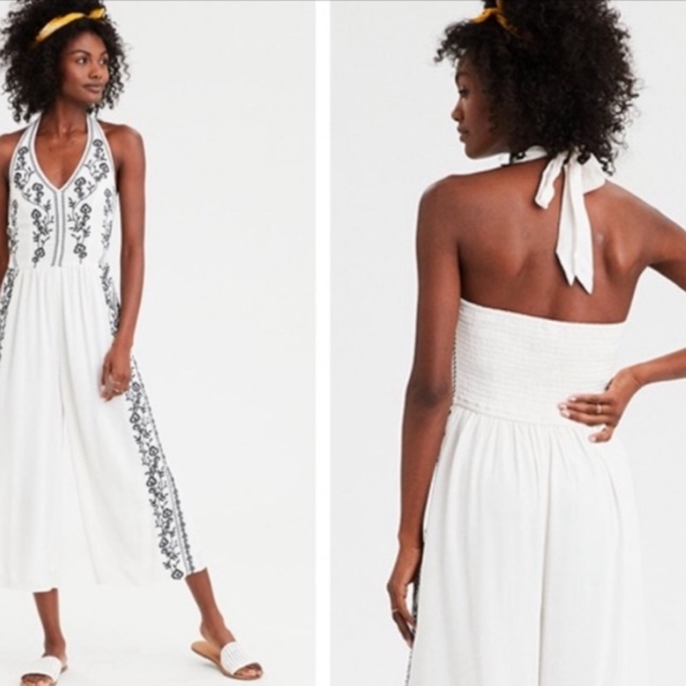 American Eagle Embroidered Halter Jumpsuit